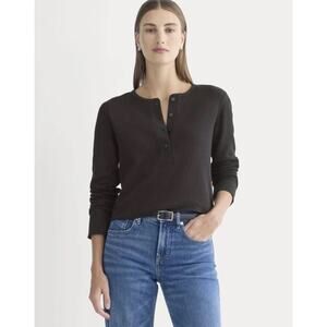 Everlane Boxy Henley Tee Cozy Waffle Knit Black Top Organic Cotton size Medium